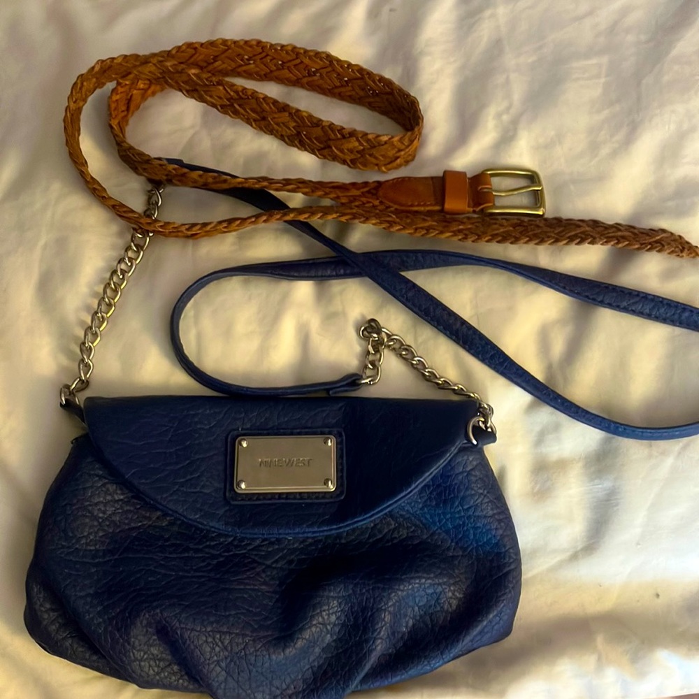 💙 Blue Nine West Purse with Silver accents and Brown Belt Combo! 💙